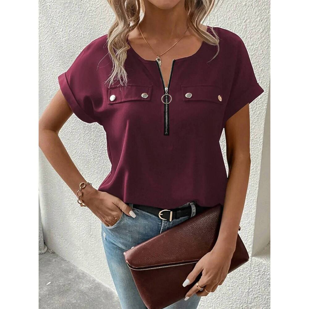 NEW FAIRE short sleeve zipper top in wine